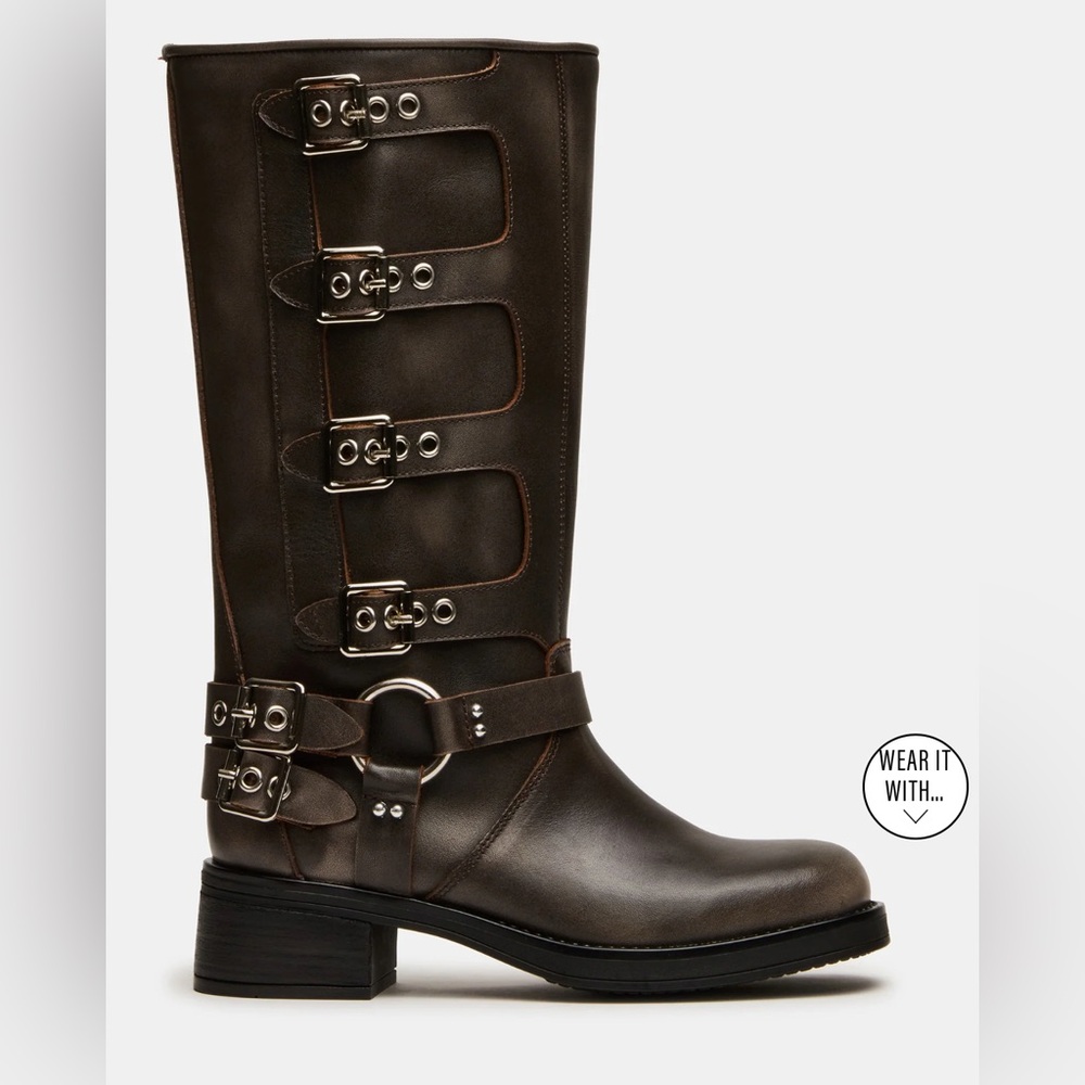 BRAND NEW STEVE MADDEN ROCKY BROWN DISTRESSED WIDE CALF BOOTS